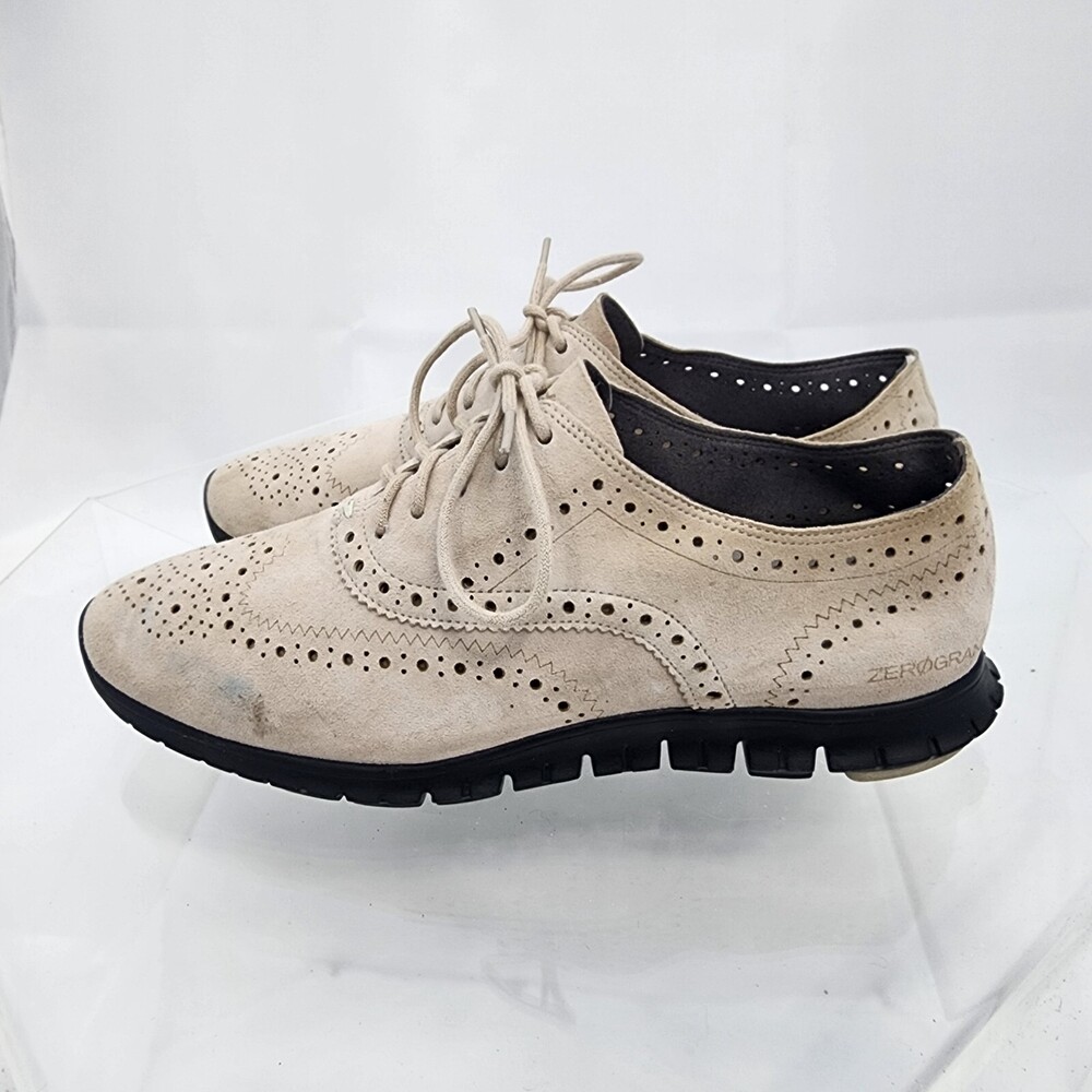 Cole Haan Women 9 B Shoes Zerogrand Beige Nubuck Wingtip Oxfords Brogue Sneakers